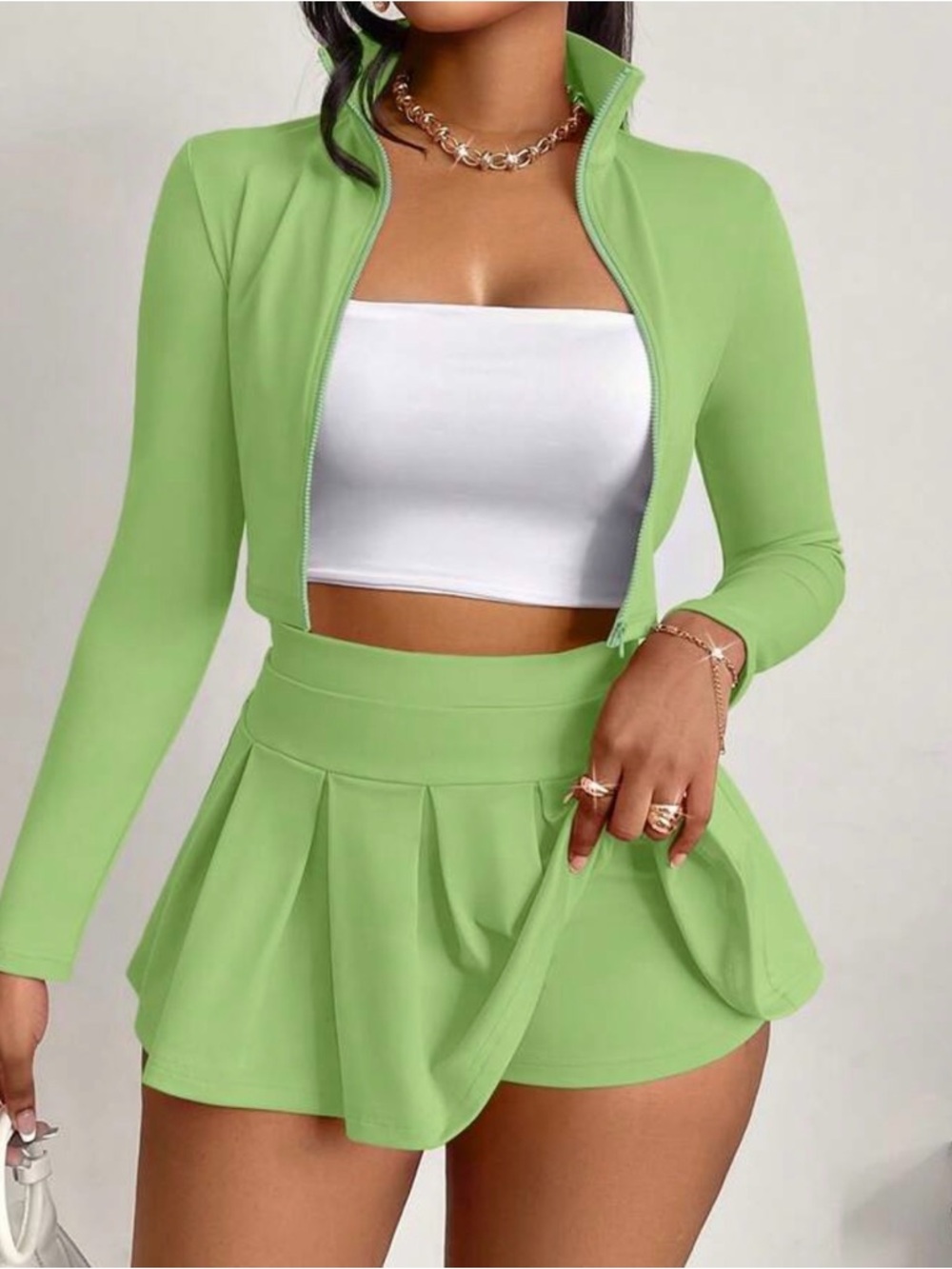 ☀️Bundle 2 for $25☀️Green Zip-Up Crop Jacket with Pleated Skort Set